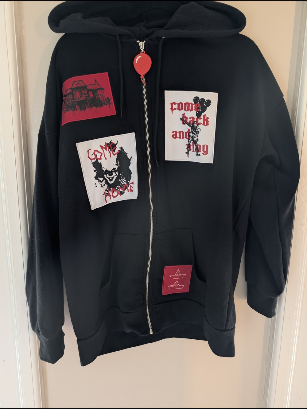 Chapter Black Zip Hoodie with Red and White Graphic Patches